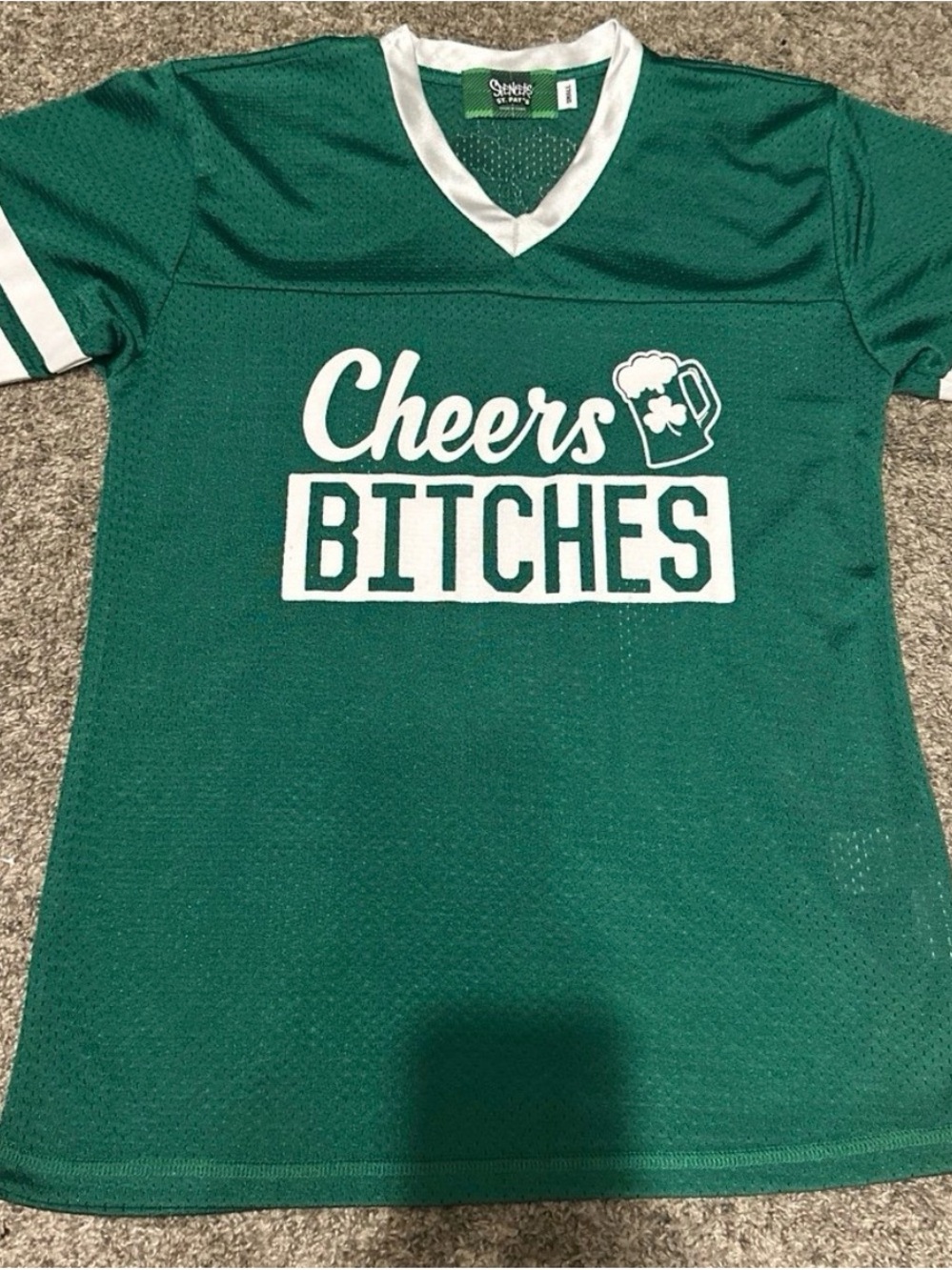 Small/ medium Spencer's Green and White "Cheers Bitches" Jersey Top